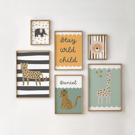 Scandi themed safari stay wild child personslised set of prints for nursery or playroom, gallery wall set