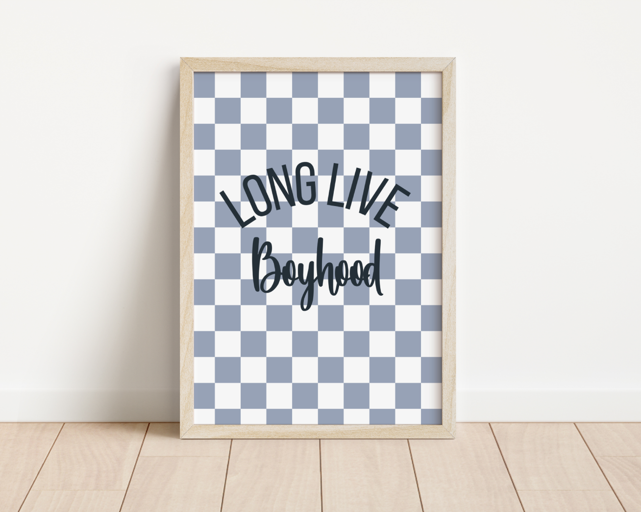 Long live boyhood grey and blue checkered print for boys bedroom, playroom or nursery