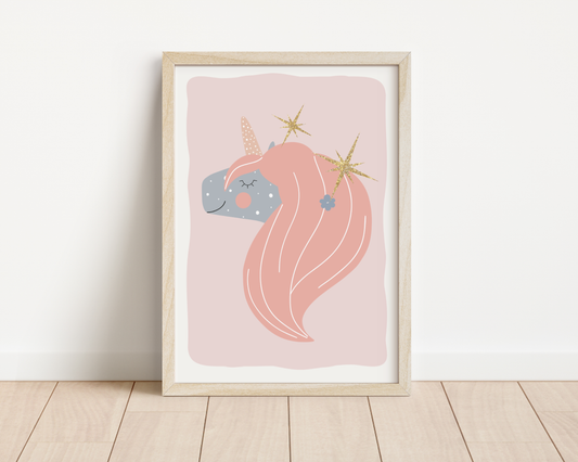 pink pretty unicorn print for girls bedroom, nursery or playroom