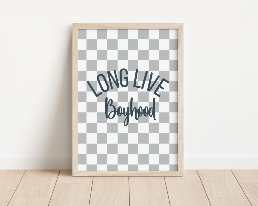 Long live boyhood grey and blue checkered print for boys bedroom, playroom or nursery