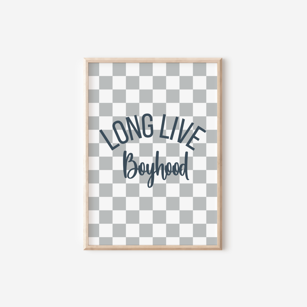 Long live boyhood grey and blue checkered print for boys bedroom, playroom or nursery