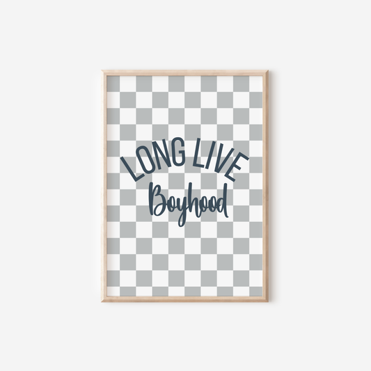 Long live boyhood grey and blue checkered print for boys bedroom, playroom or nursery