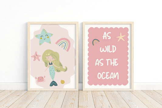 mermaid girls room prints, Mermaid nursery sea print, as wild as the sea print, pastel rainbow mermaid wall art, positive wall art kids room