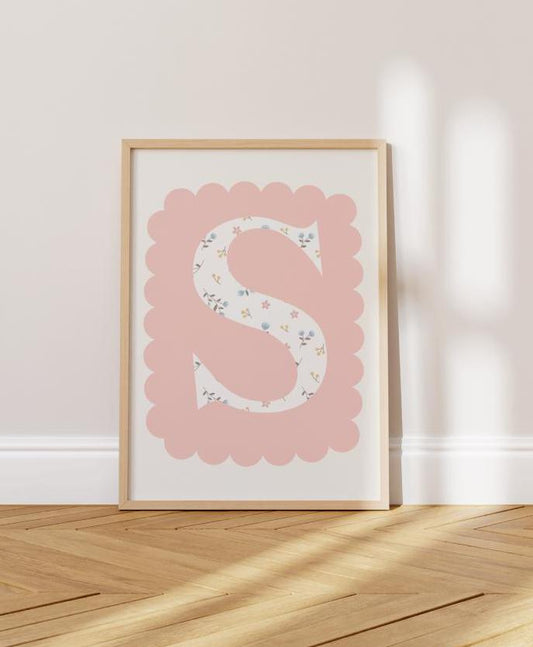 Flower initial name print girls room, pink name print, nursery or playroom print, childs wall art, pretty room poster, scallop flower print