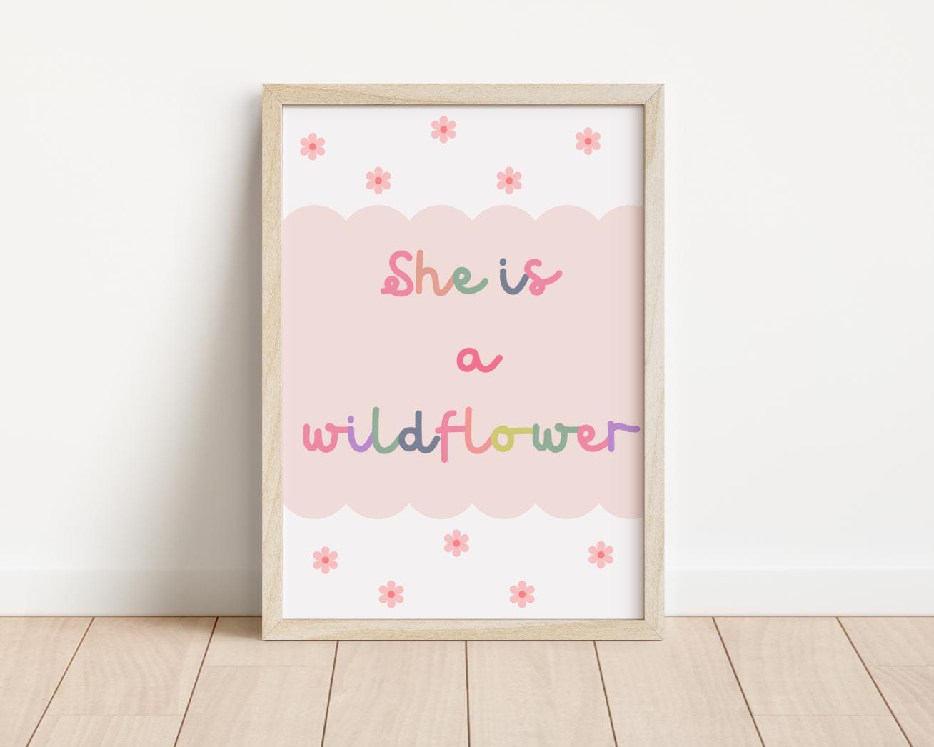 she is a wildflower girls room print for bedroom, nursery or playroom, pink and pastel colour room print for girls room