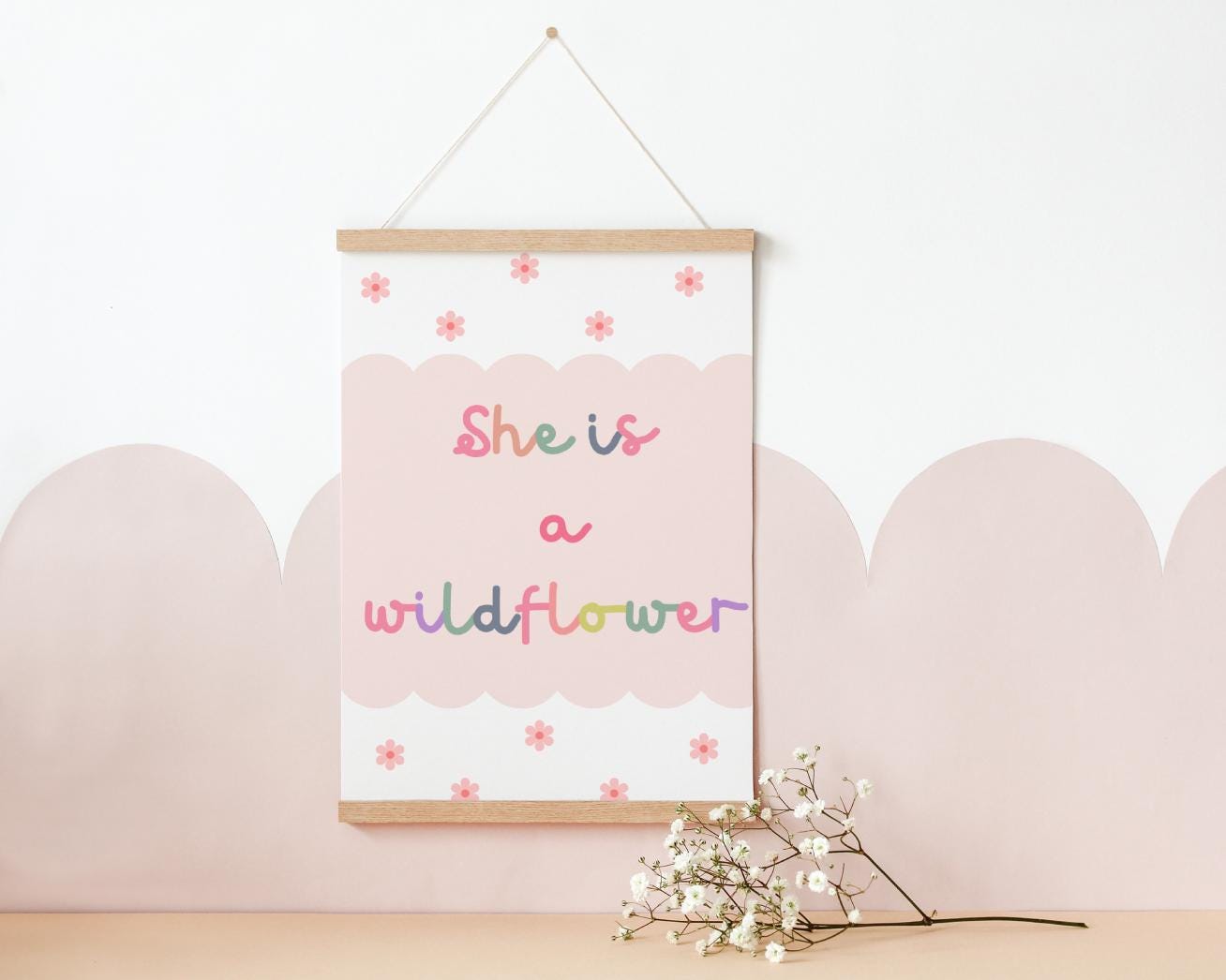 she is a wildflower girls room print for bedroom, nursery or playroom, pink and pastel colour room print for girls room