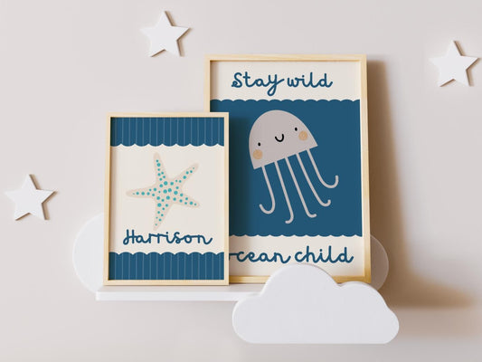 Stay wild ocean child print SET with personalised name, ocean themed set of prints for childs bedroom, nursery or playroom