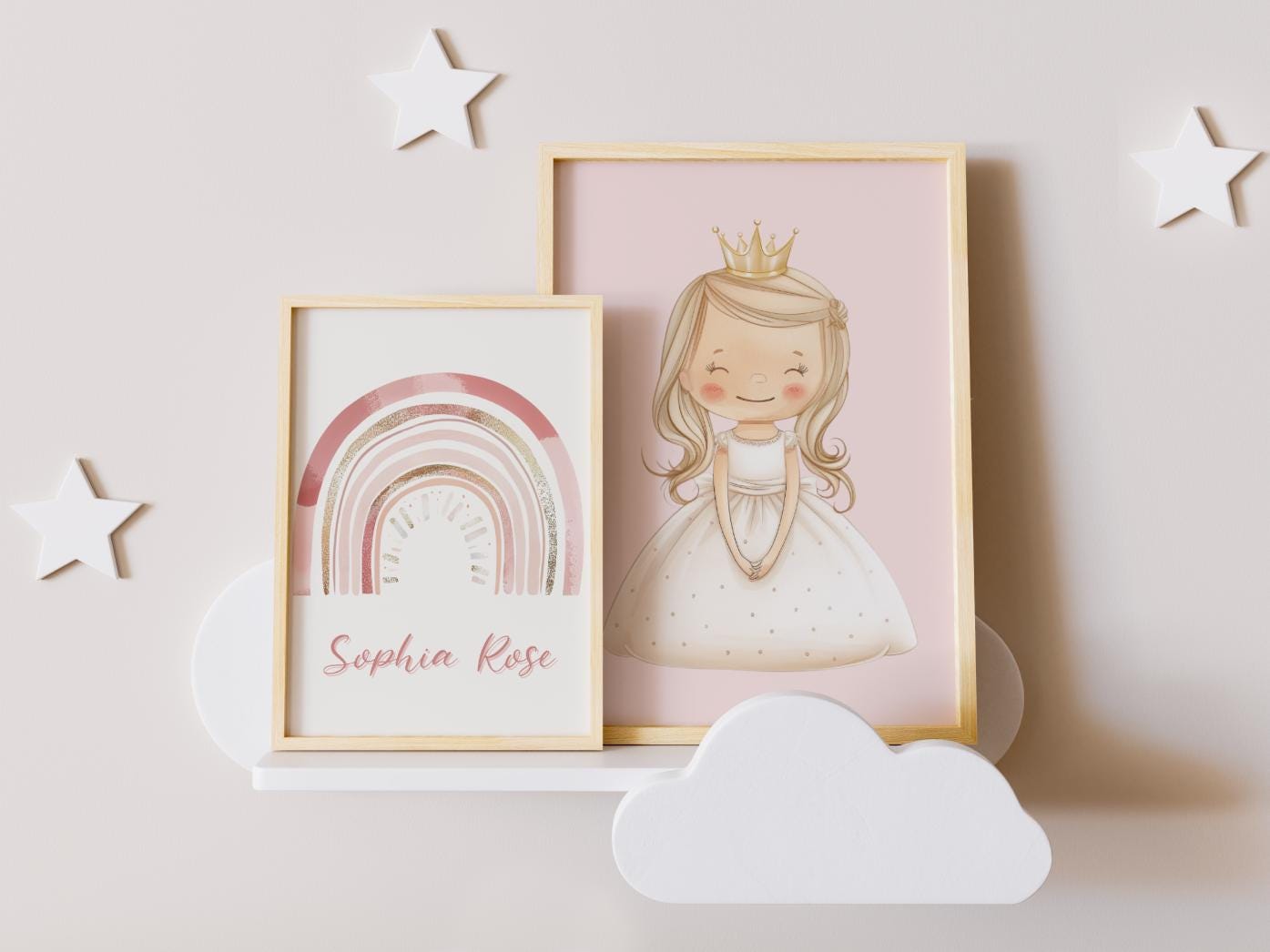 SET of fairytale prints with rainbow and princess with personalised name , wall decor perfect for girls bedroom, playroom or nursery