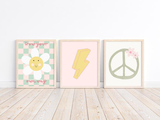 Children's room print set gallery, retro room prints for girls bedroom playroom or nursery, kids wall decor