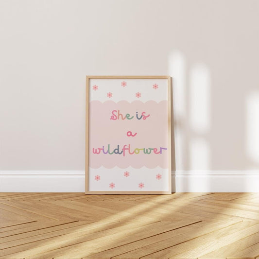 she is a wildflower girls room print for bedroom, nursery or playroom, pink and pastel colour room print for girls room