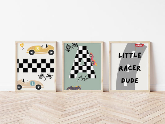 Set of personalised car racer prints for a playroom, nursery or bedroom, car and transport prints, boys wall decor