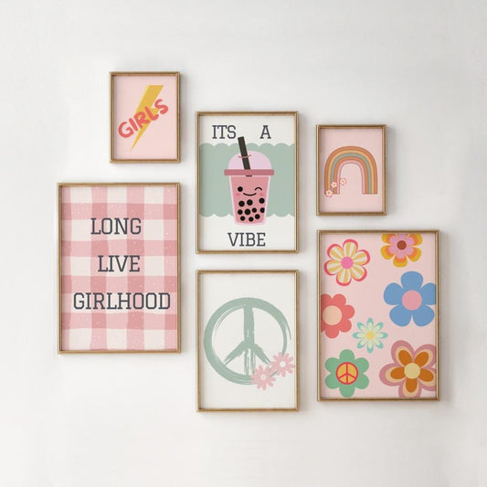 Gallery wall set for girls bedroom featuring bubble tea and long life girlhood poster, girls room decor