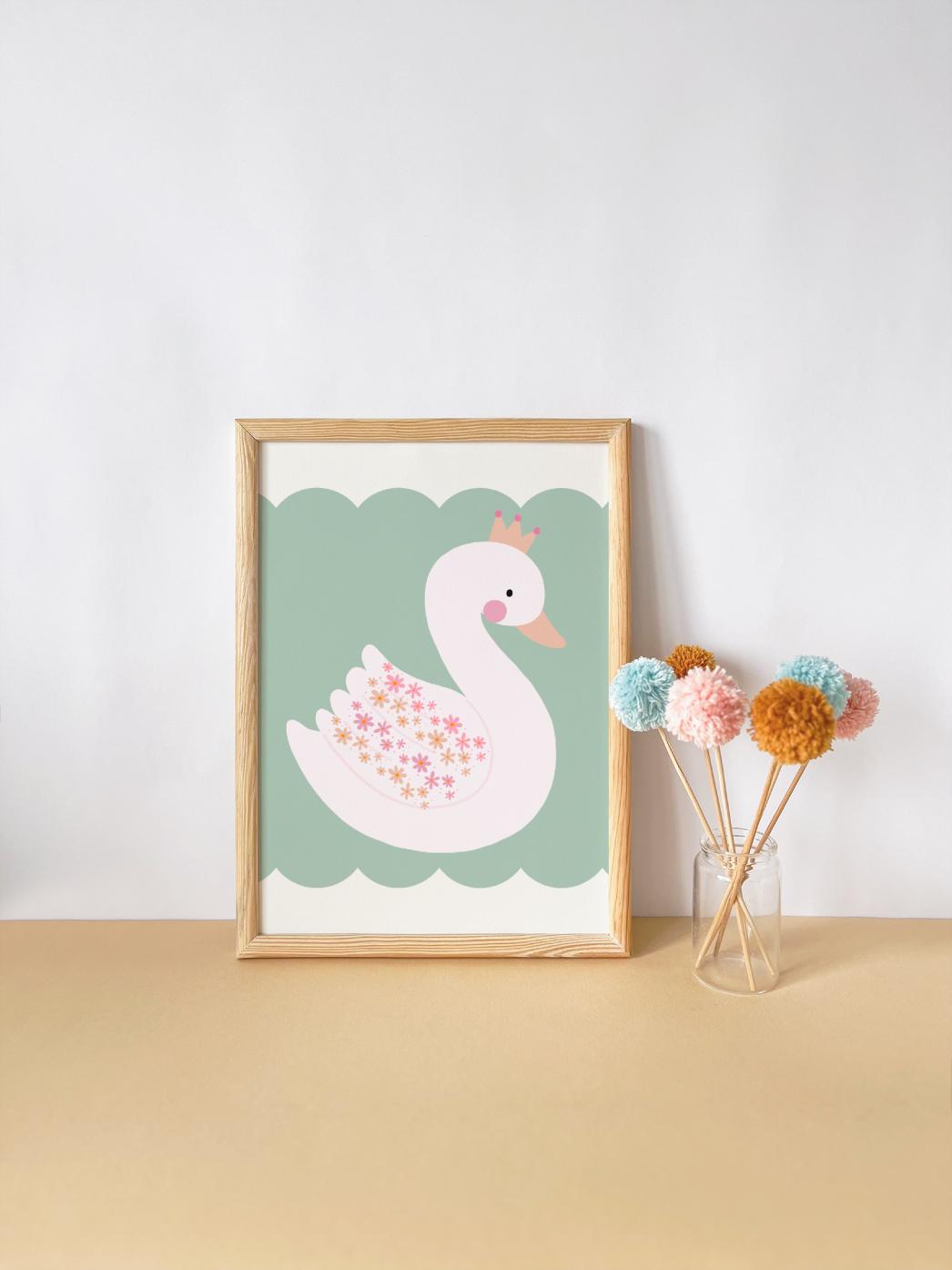 Pretty floral swan print for girls bedroom, nursery or playroom, girls wall decor, wall art for little girls bedroom