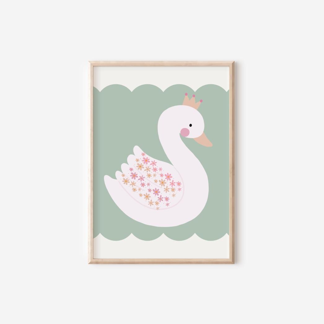 Pretty floral swan print for girls bedroom, nursery or playroom, girls wall decor, wall art for little girls bedroom