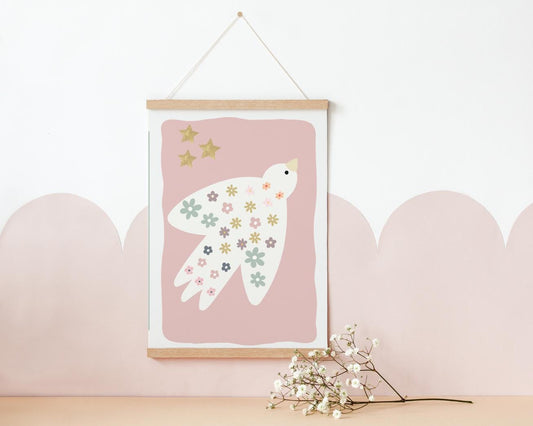 floral pastel dove wall print with gold stars for little girls bedroom, nursery or playroom print, girls room print, childrens bedroom art