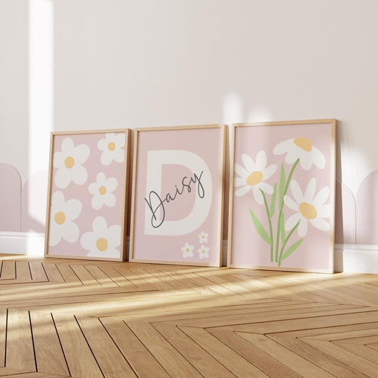 set of 3 personalised daisy dusty pink prints for little girls bedroom, playroom or nursery, floral room decor