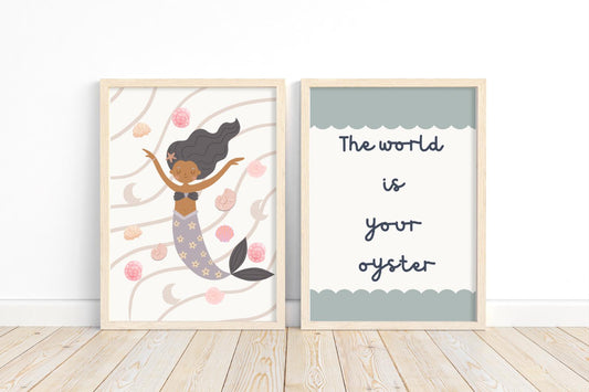 Mermaid and shell theme print set, the world is your oyster print set for girls bedroom, nursery or playroom, ocean themed bedroom print