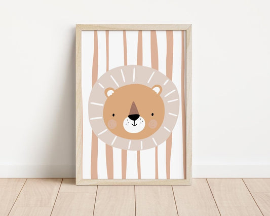 childrens lion wall print for nursery, playroom or bedroom, scandi nursery decor, lion stiped wall print, safari wall art