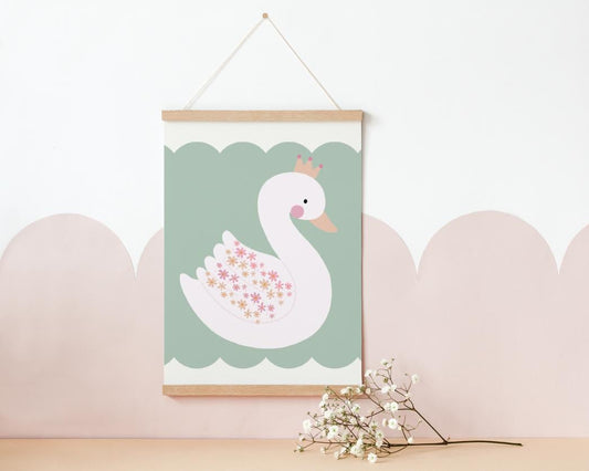 Pretty floral swan print for girls bedroom, nursery or playroom, girls wall decor, wall art for little girls bedroom