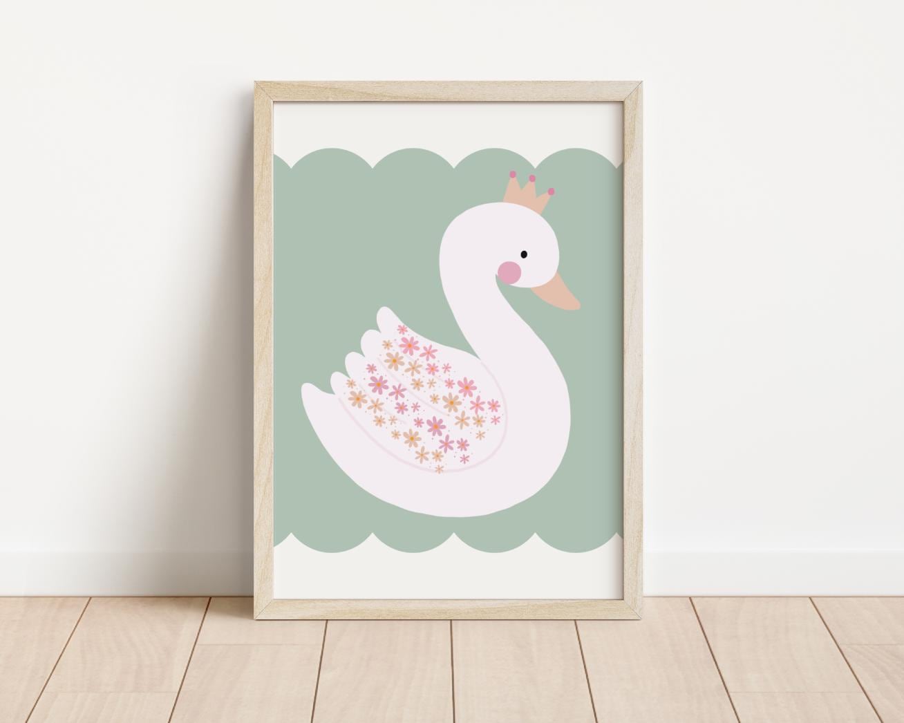 Pretty floral swan print for girls bedroom, nursery or playroom, girls wall decor, wall art for little girls bedroom