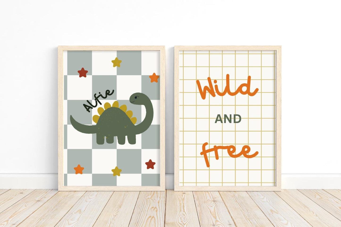 wild and free personalised dinosaur print for childs bedroom, playroom or nursery, boys room decor set of prints